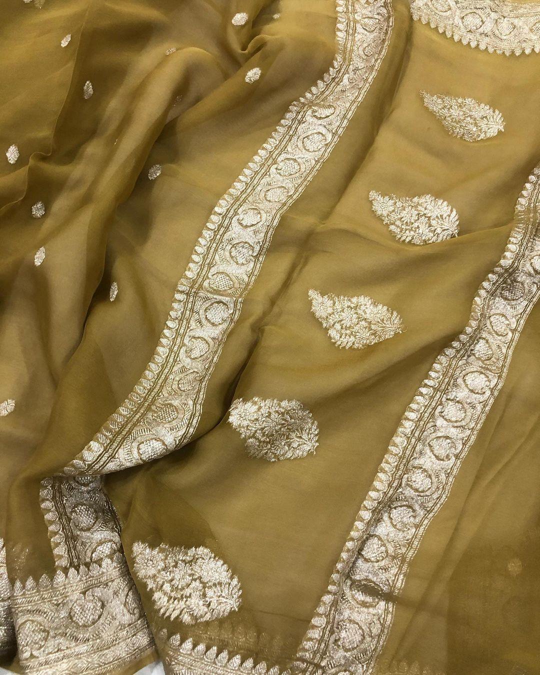 Olive Green Khaddi Chiffon Banarasi Handloom Saree - Aura Benaras
