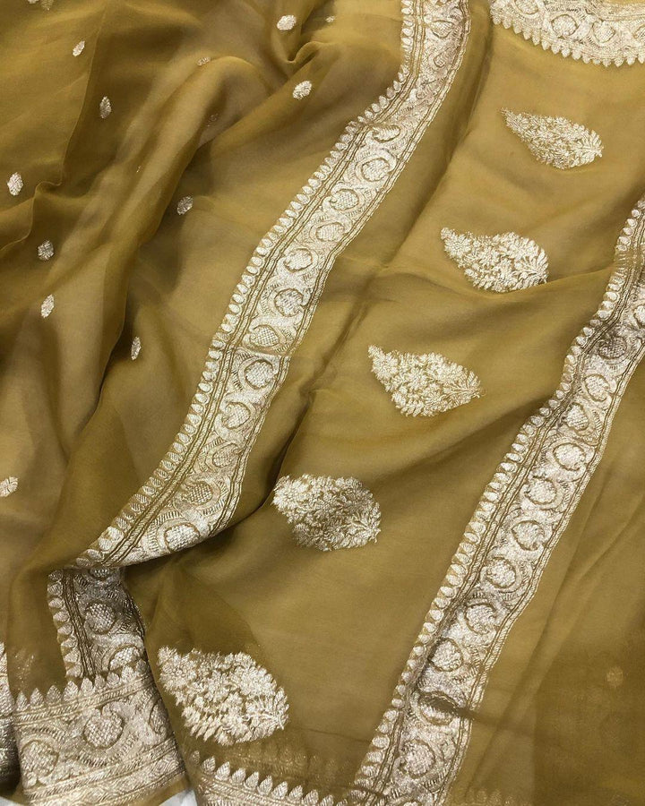 Olive Green Khaddi Chiffon Banarasi Handloom Saree - Aura Benaras