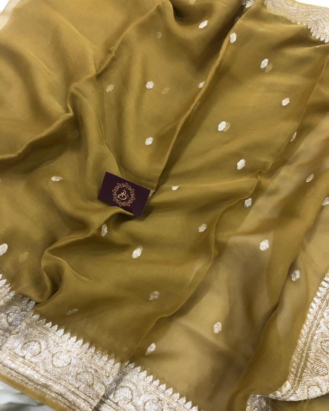 Olive Green Khaddi Chiffon Banarasi Handloom Saree - Aura Benaras