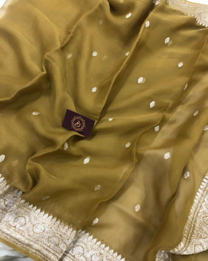 Olive Green Khaddi Chiffon Banarasi Handloom Saree - Aura Benaras