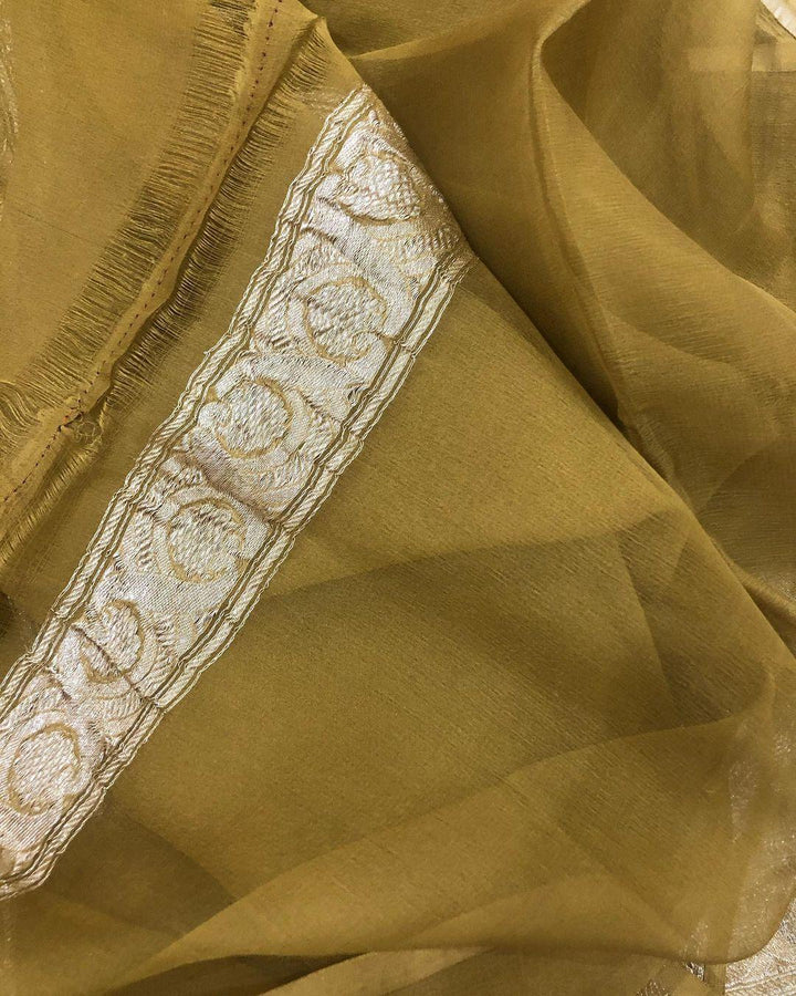 Olive Green Khaddi Chiffon Banarasi Handloom Saree - Aura Benaras