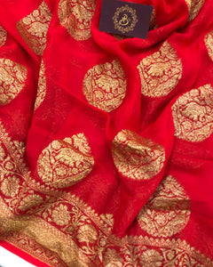 Red Khaddi Chiffon Banarasi Handloom Silk Saree