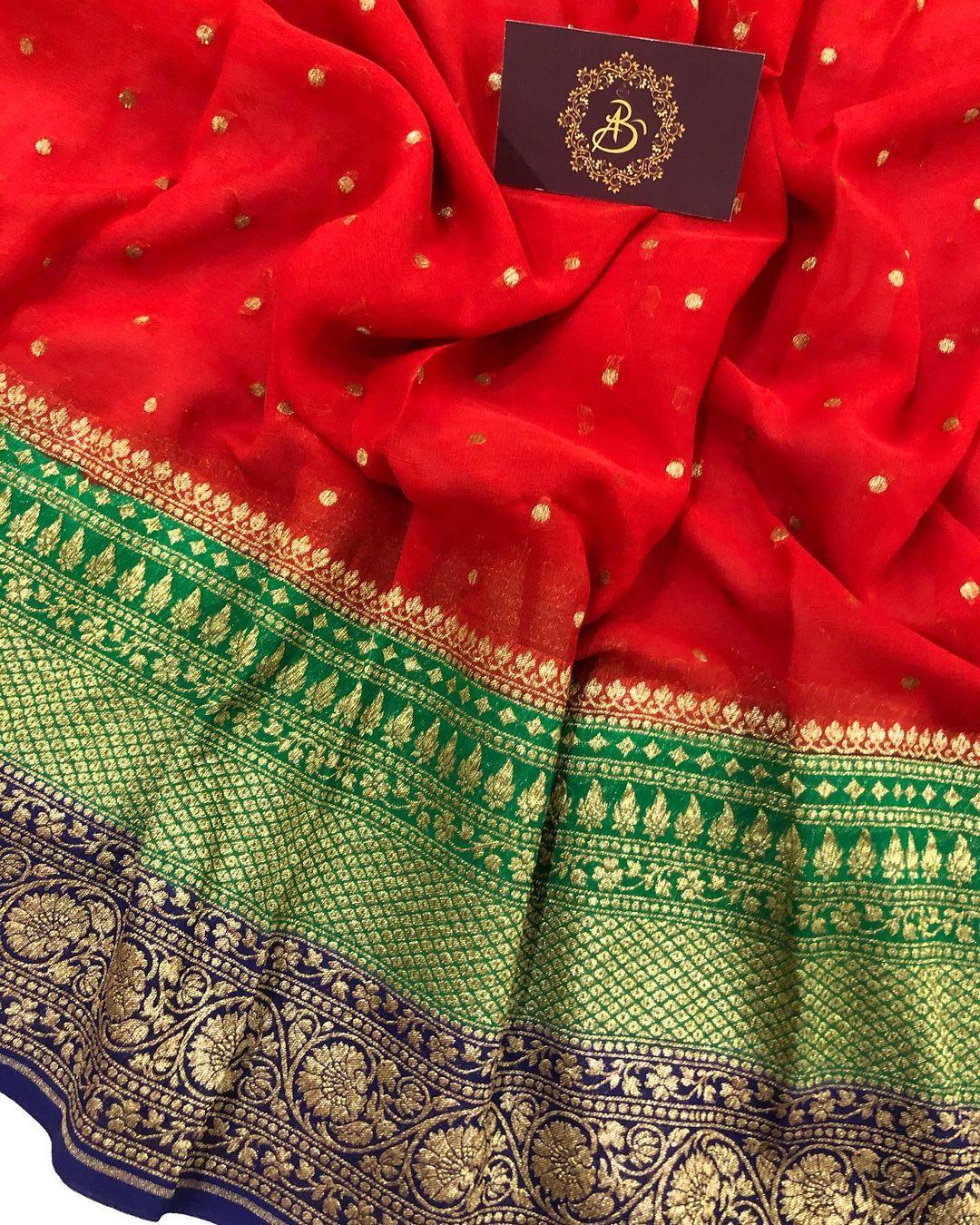 Red Banarasi Handloom Pure Khaddi Georgette Silk Saree - Aura Benaras
