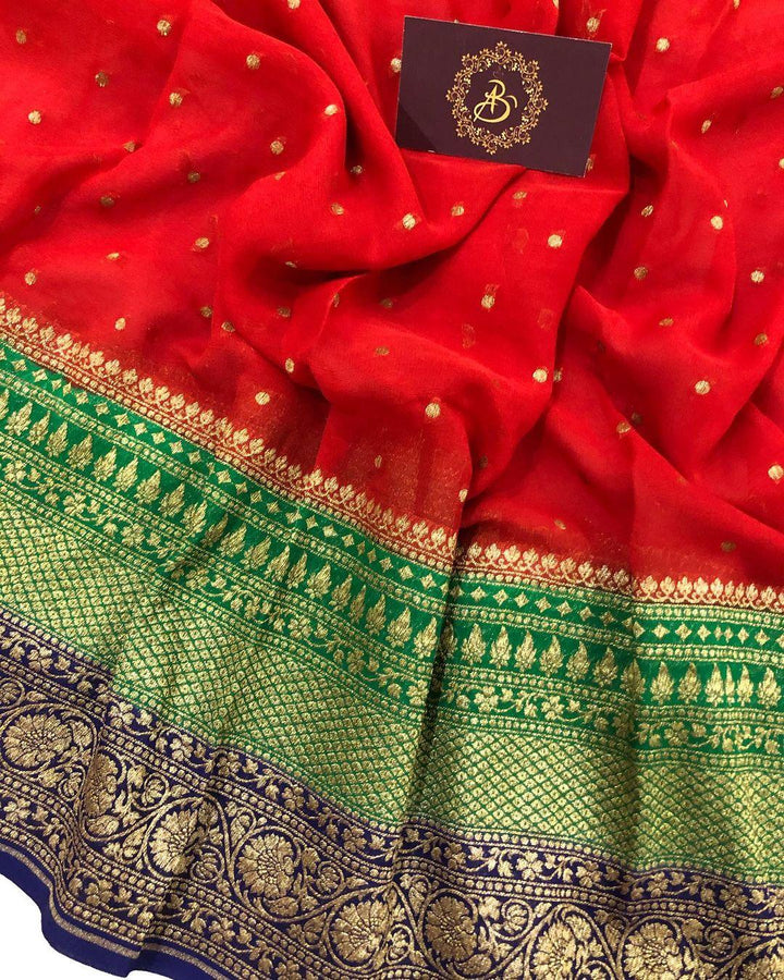 Red Banarasi Handloom Pure Khaddi Georgette Silk Saree - Aura Benaras