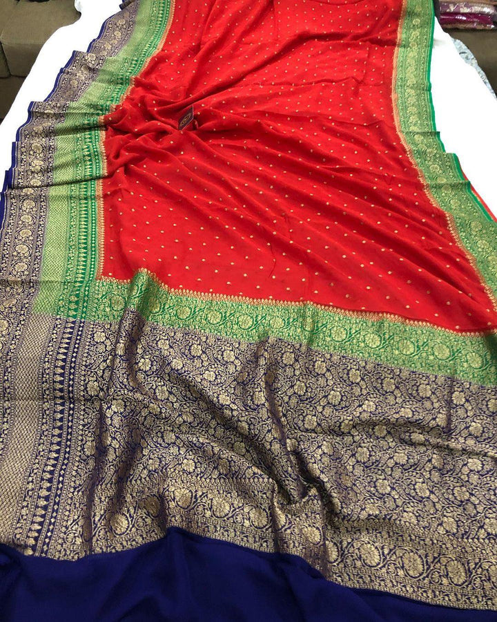 Red Banarasi Handloom Pure Khaddi Georgette Silk Saree - Aura Benaras