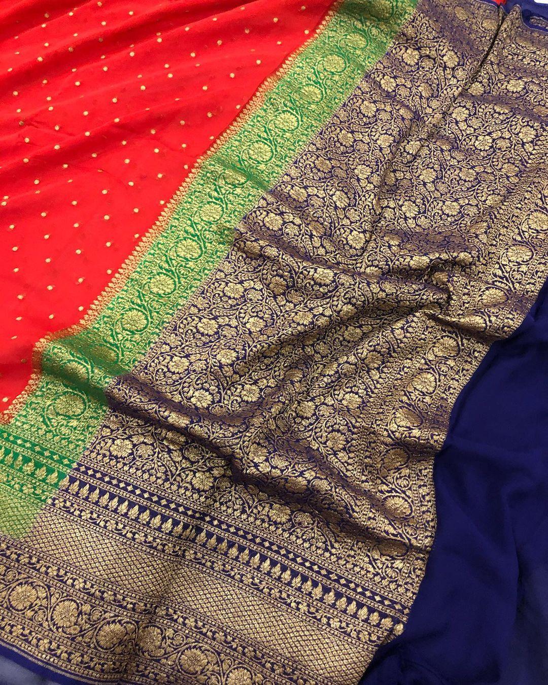 Red Banarasi Handloom Pure Khaddi Georgette Silk Saree - Aura Benaras