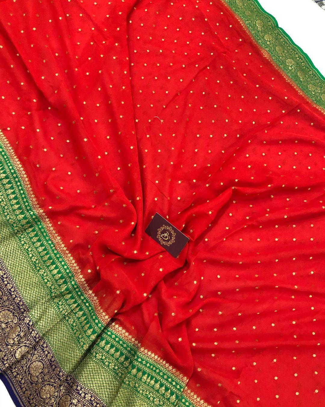 Red Banarasi Handloom Pure Khaddi Georgette Silk Saree - Aura Benaras