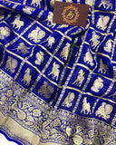 Royal Blue Banarasi Handloom Pure Khaddi Georgette Silk Saree - Aura Benaras