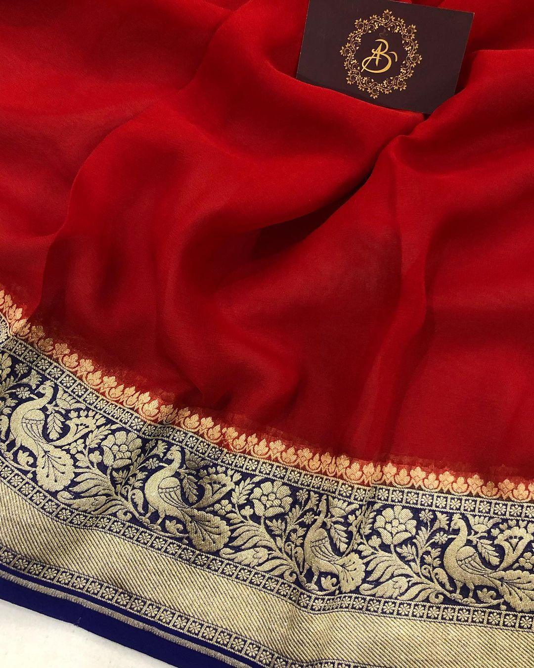 Red Pure Banarasi Khaddi Georgette Saree