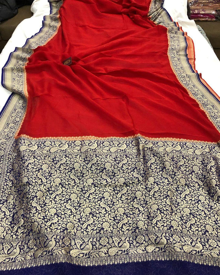 Red Pure Banarasi Khaddi Georgette Saree - Aura Benaras