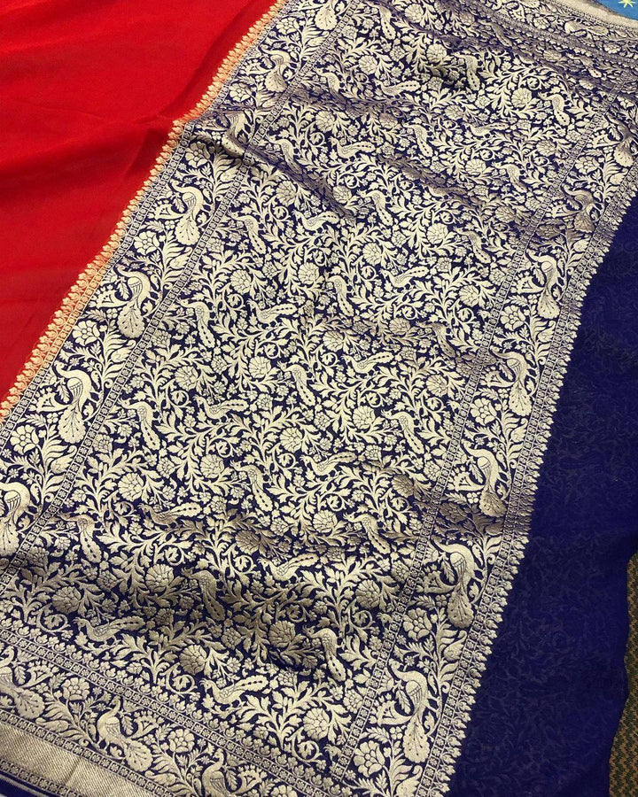 Red Pure Banarasi Khaddi Georgette Saree - Aura Benaras