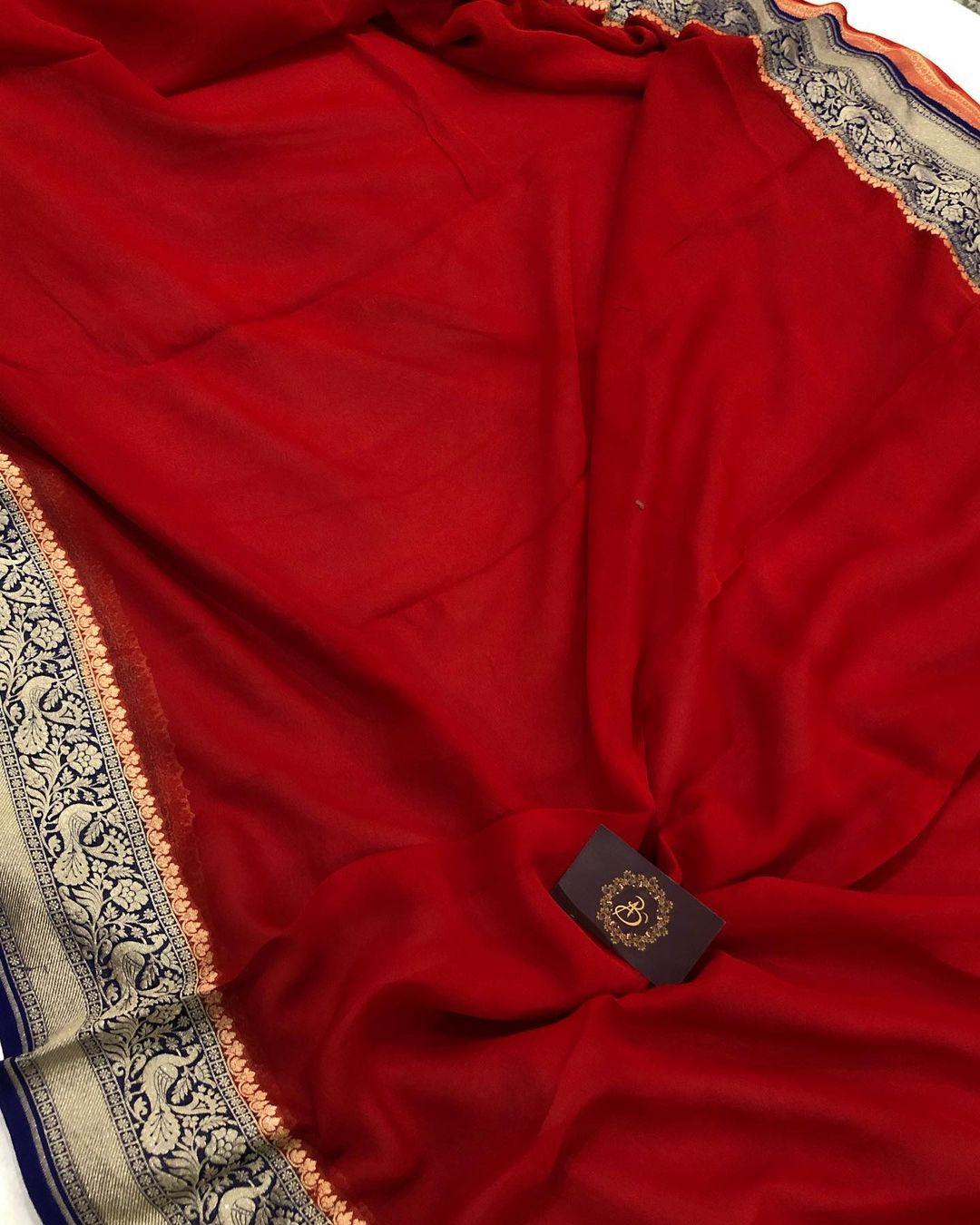 Red Pure Banarasi Khaddi Georgette Saree - Aura Benaras