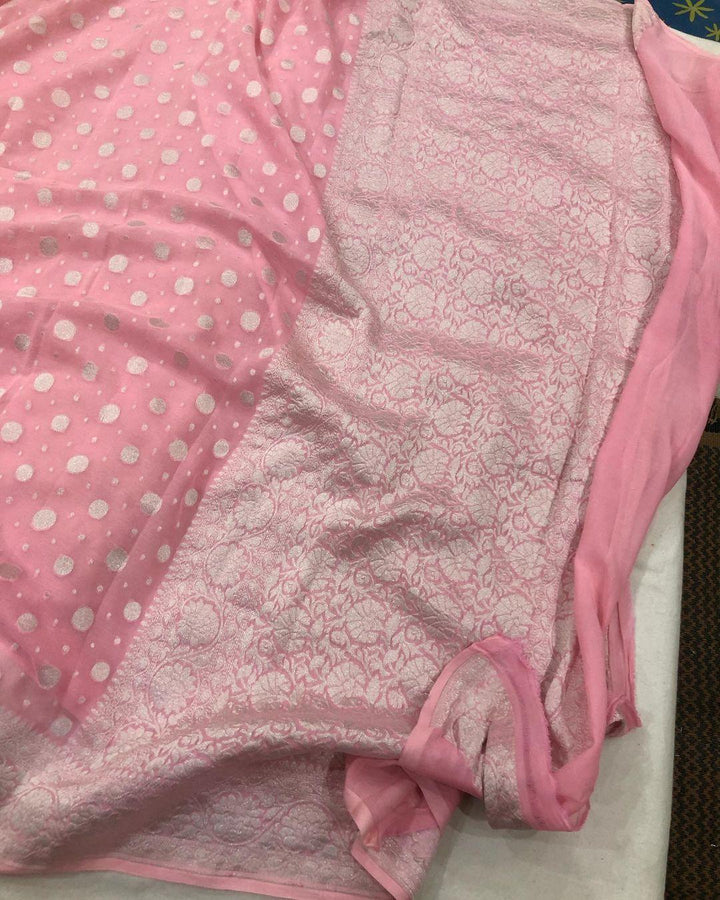 Peachish Pink Banarasi Handloom Pure Khaddi Georgette Silk Saree - Aura Benaras