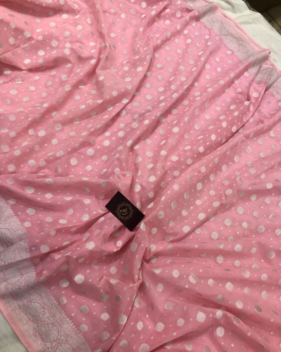 Peachish Pink Banarasi Handloom Pure Khaddi Georgette Silk Saree - Aura Benaras