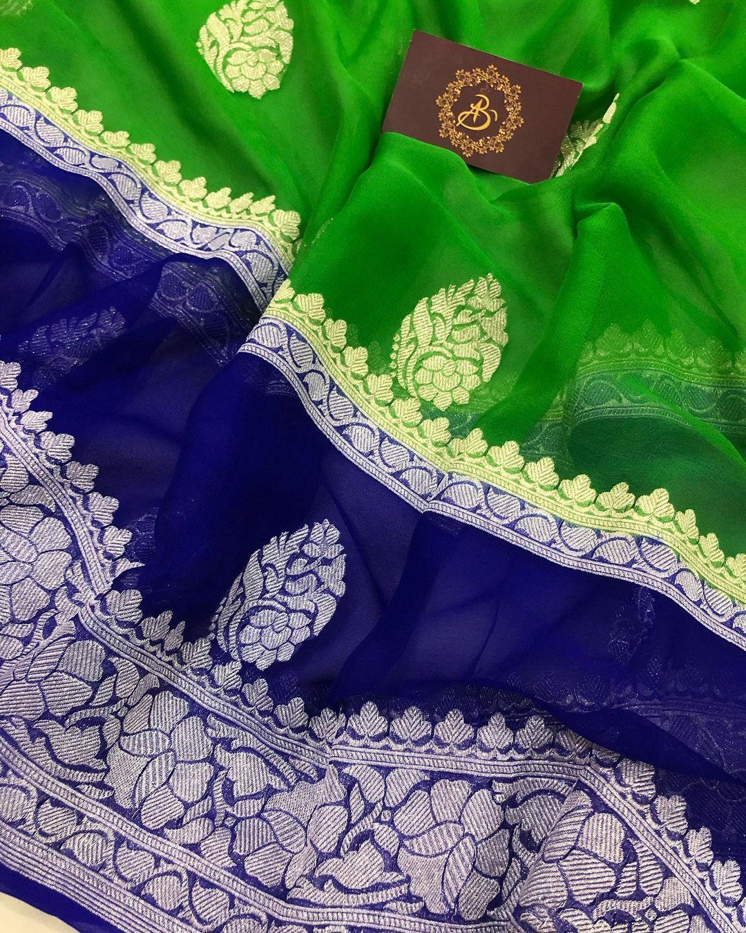 Green Khaddi Chiffon Banarasi Handloom Saree - Aura Benaras