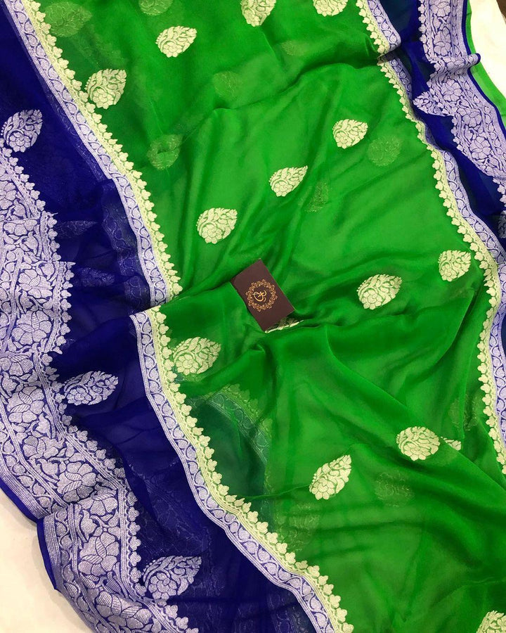 Green Khaddi Chiffon Banarasi Handloom Saree - Aura Benaras