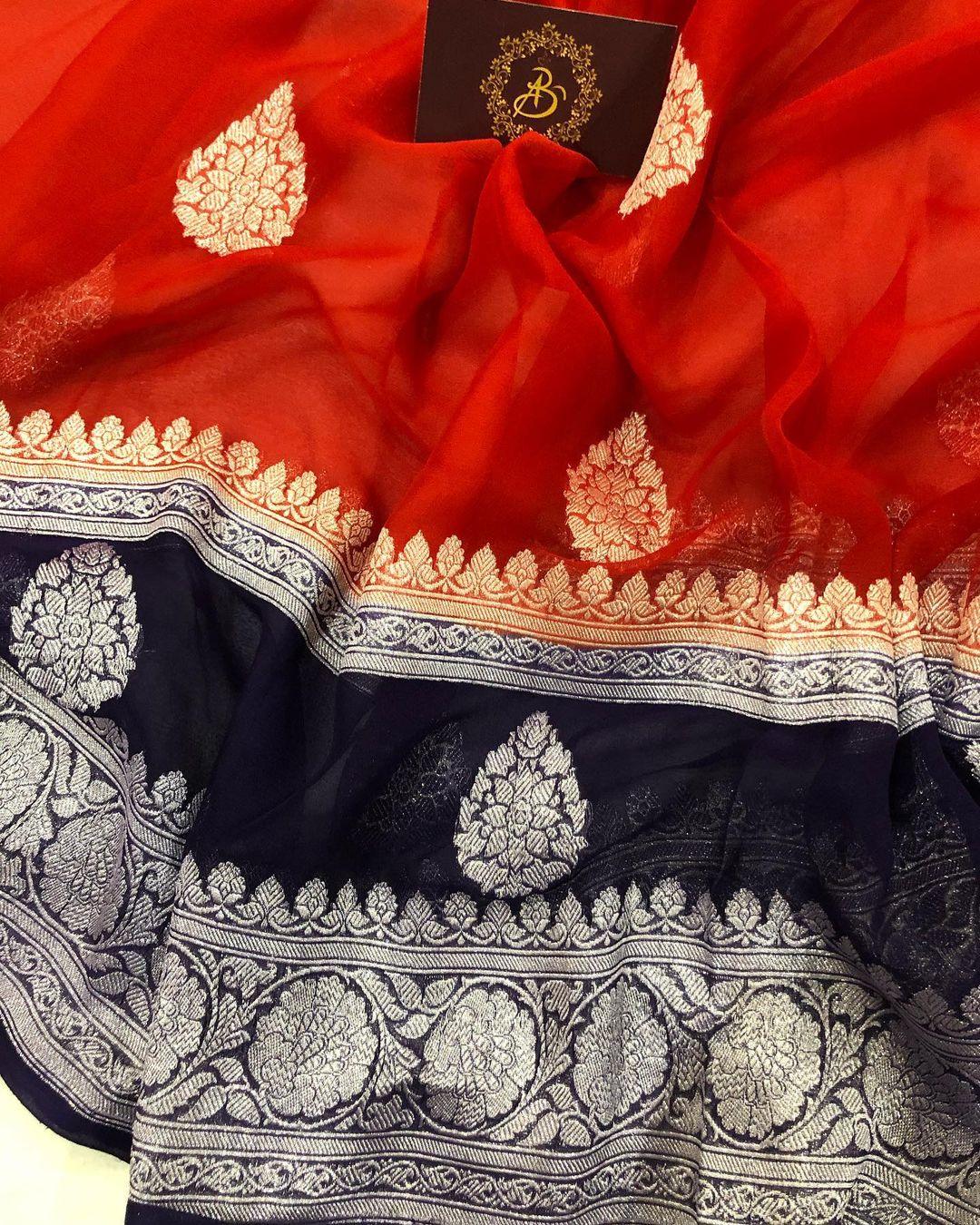 Red Khaddi Chiffon Banarasi Handloom Saree - Aura Benaras