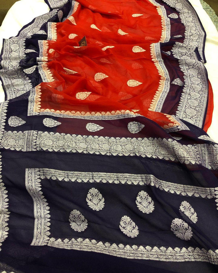 Red Khaddi Chiffon Banarasi Handloom Saree - Aura Benaras