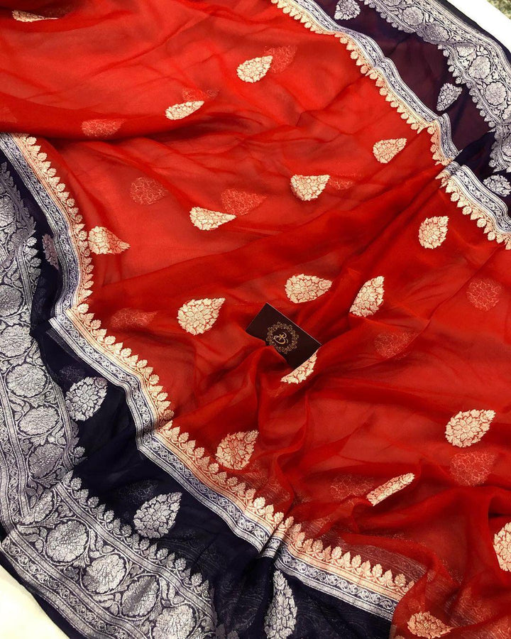 Red Khaddi Chiffon Banarasi Handloom Saree - Aura Benaras