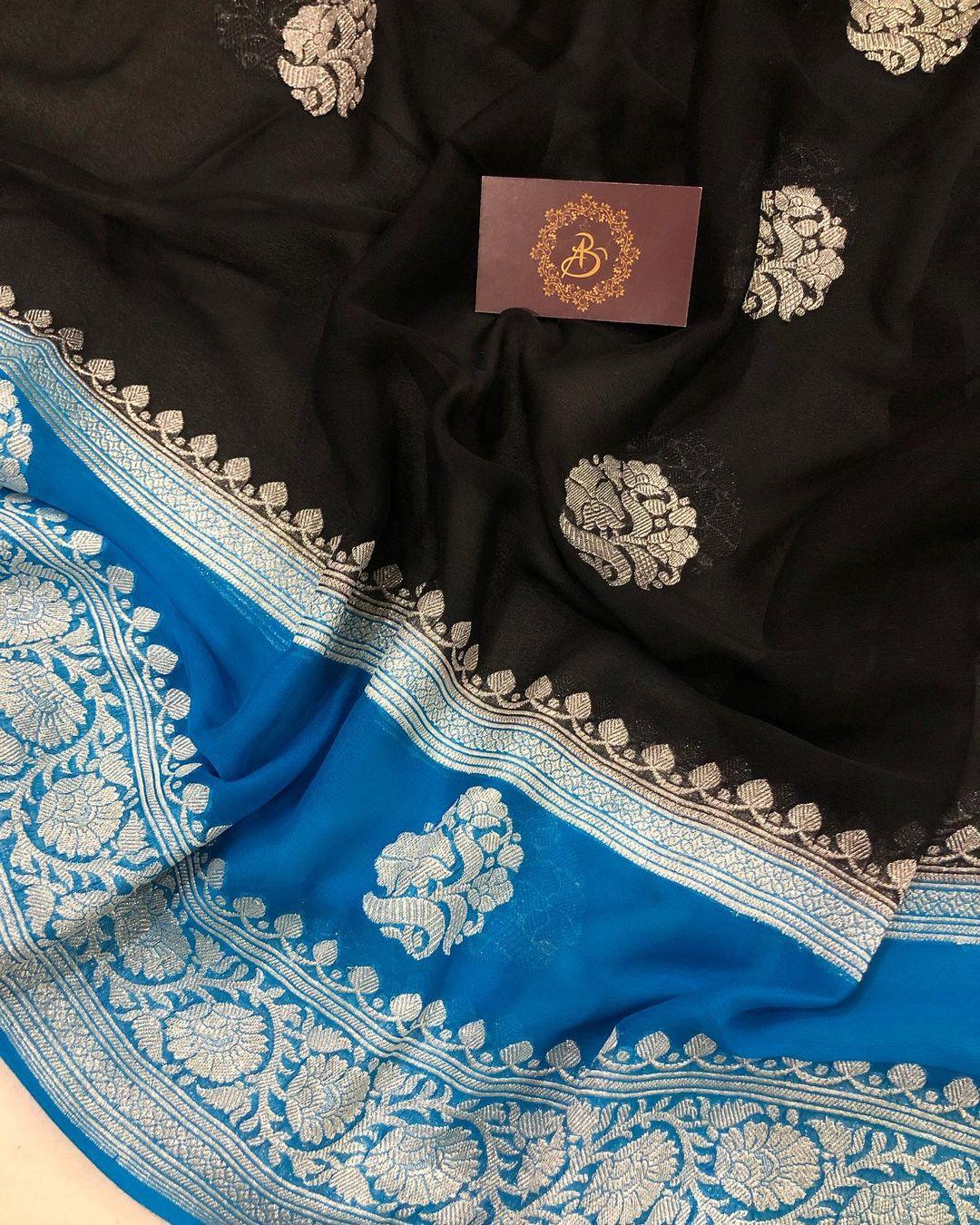 Black Khaddi Chiffon Banarasi Handloom Saree - Aura Benaras
