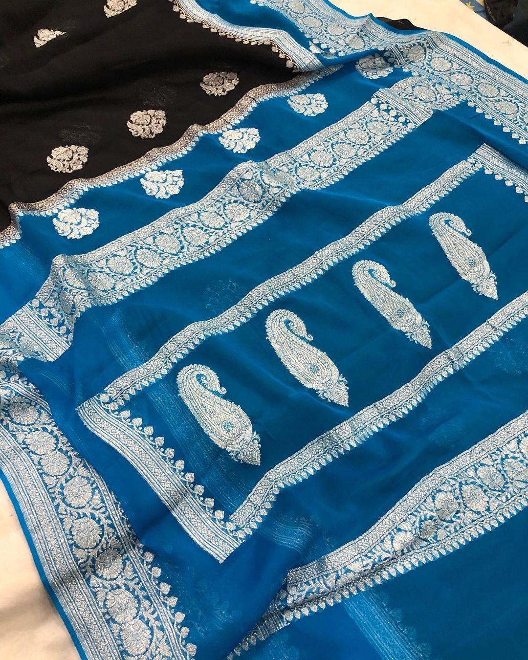 Black Khaddi Chiffon Banarasi Handloom Saree - Aura Benaras
