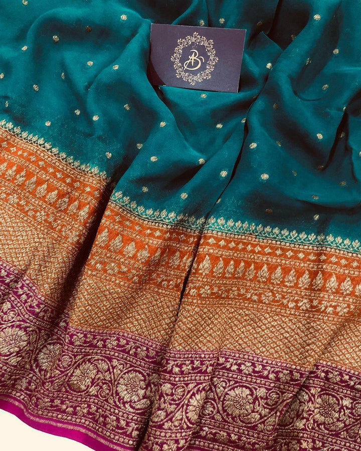 Teal Green Banarasi Handloom Pure Khaddi Georgette Silk Saree - Aura Benaras