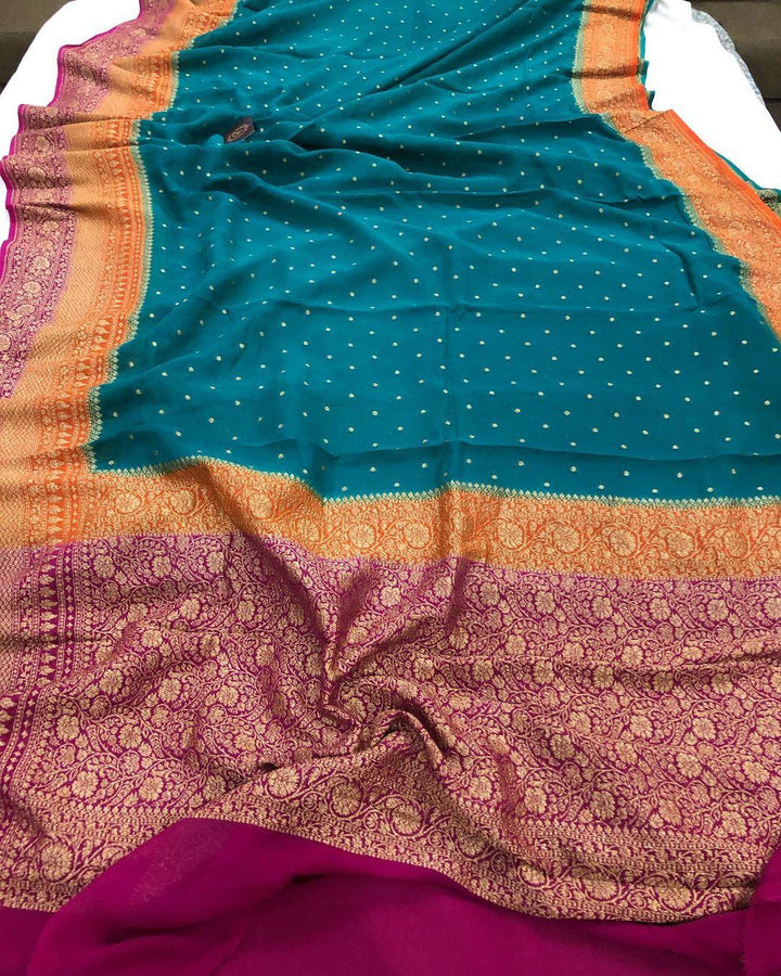Teal Green Banarasi Handloom Pure Khaddi Georgette Silk Saree - Aura Benaras
