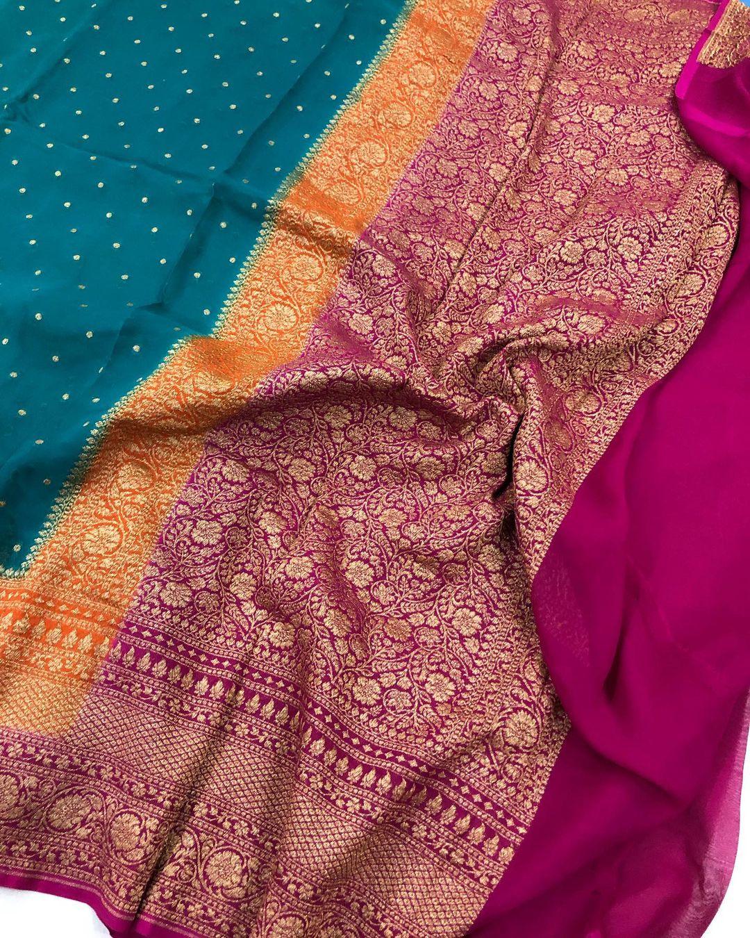 Teal Green Banarasi Handloom Pure Khaddi Georgette Silk Saree - Aura Benaras