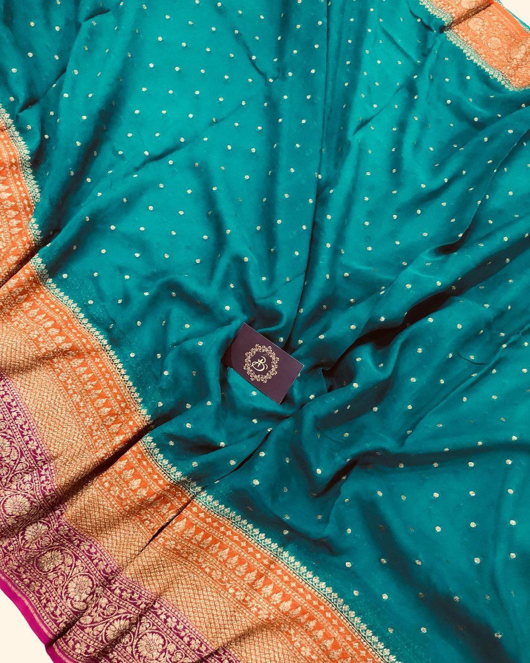 Teal Green Banarasi Handloom Pure Khaddi Georgette Silk Saree - Aura Benaras