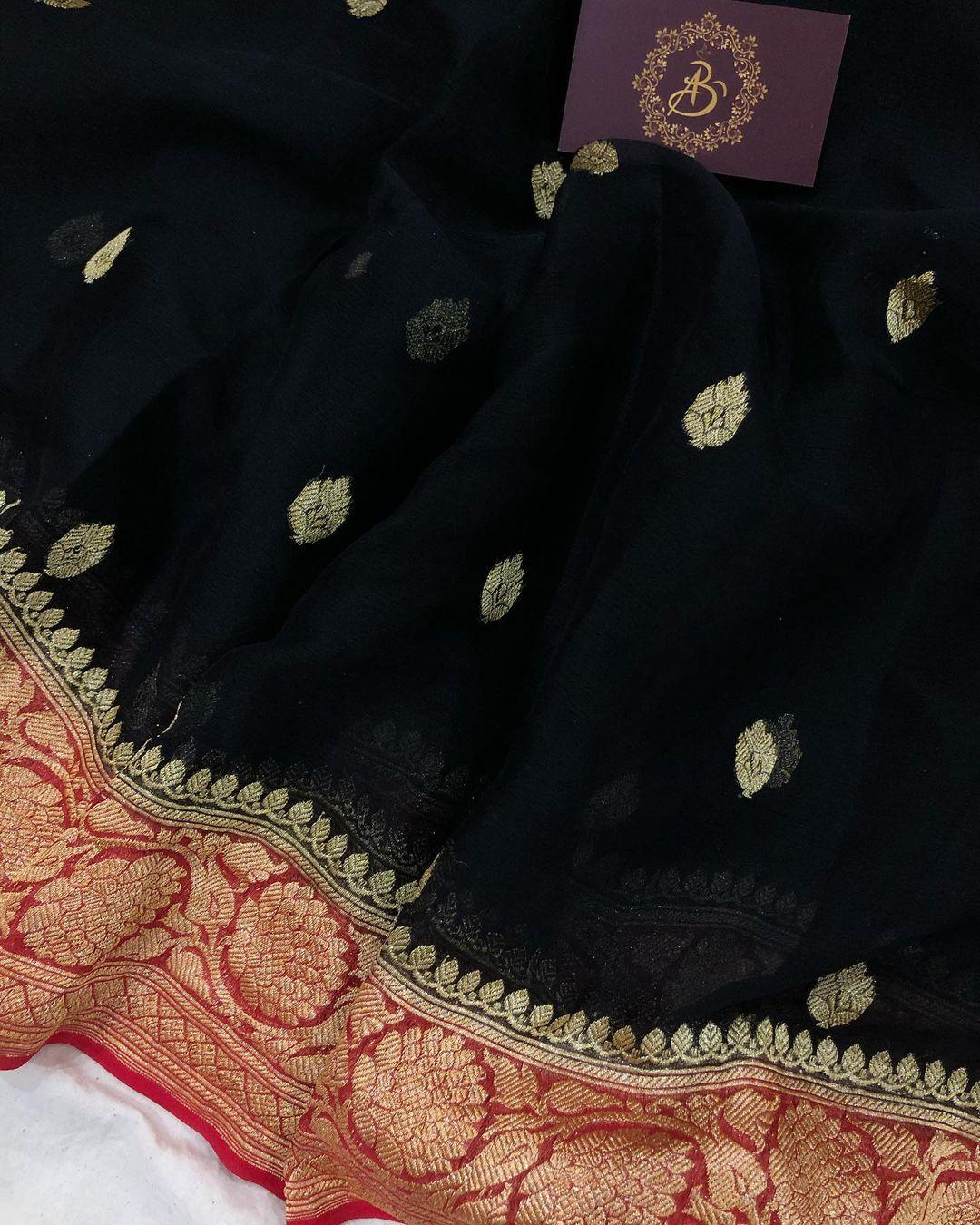 Black Khaddi Chiffon Banarasi Handloom Saree - Aura Benaras