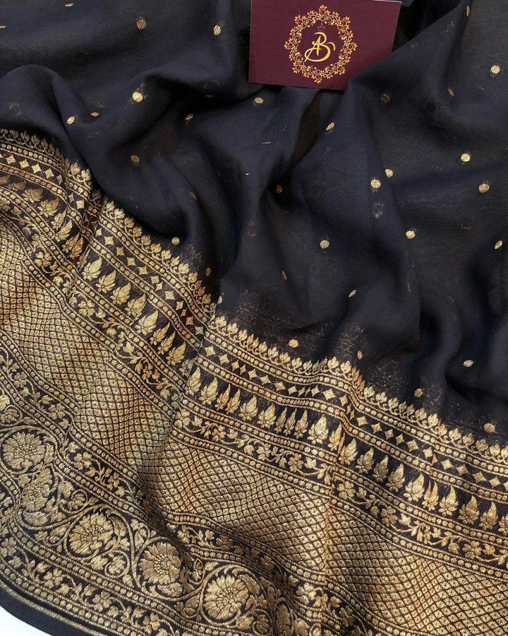 Black Banarasi Handloom Pure Khaddi Georgette Silk Saree - Aura Benaras