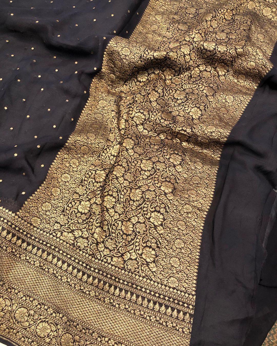 Black Banarasi Handloom Pure Khaddi Georgette Silk Saree - Aura Benaras