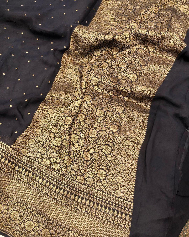 Black Banarasi Handloom Pure Khaddi Georgette Silk Saree - Aura Benaras