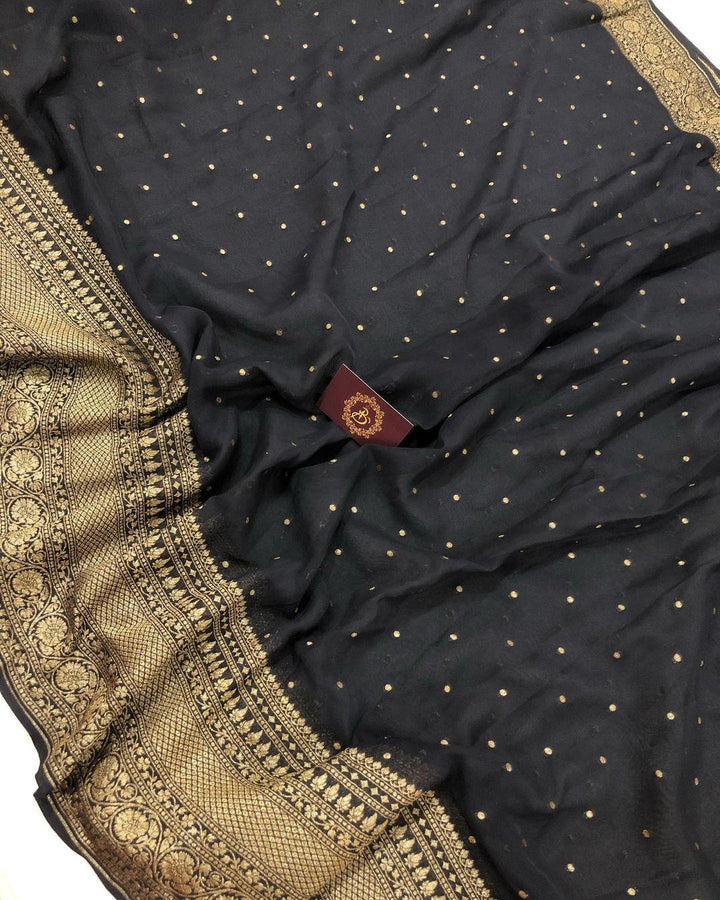 Black Banarasi Handloom Pure Khaddi Georgette Silk Saree - Aura Benaras