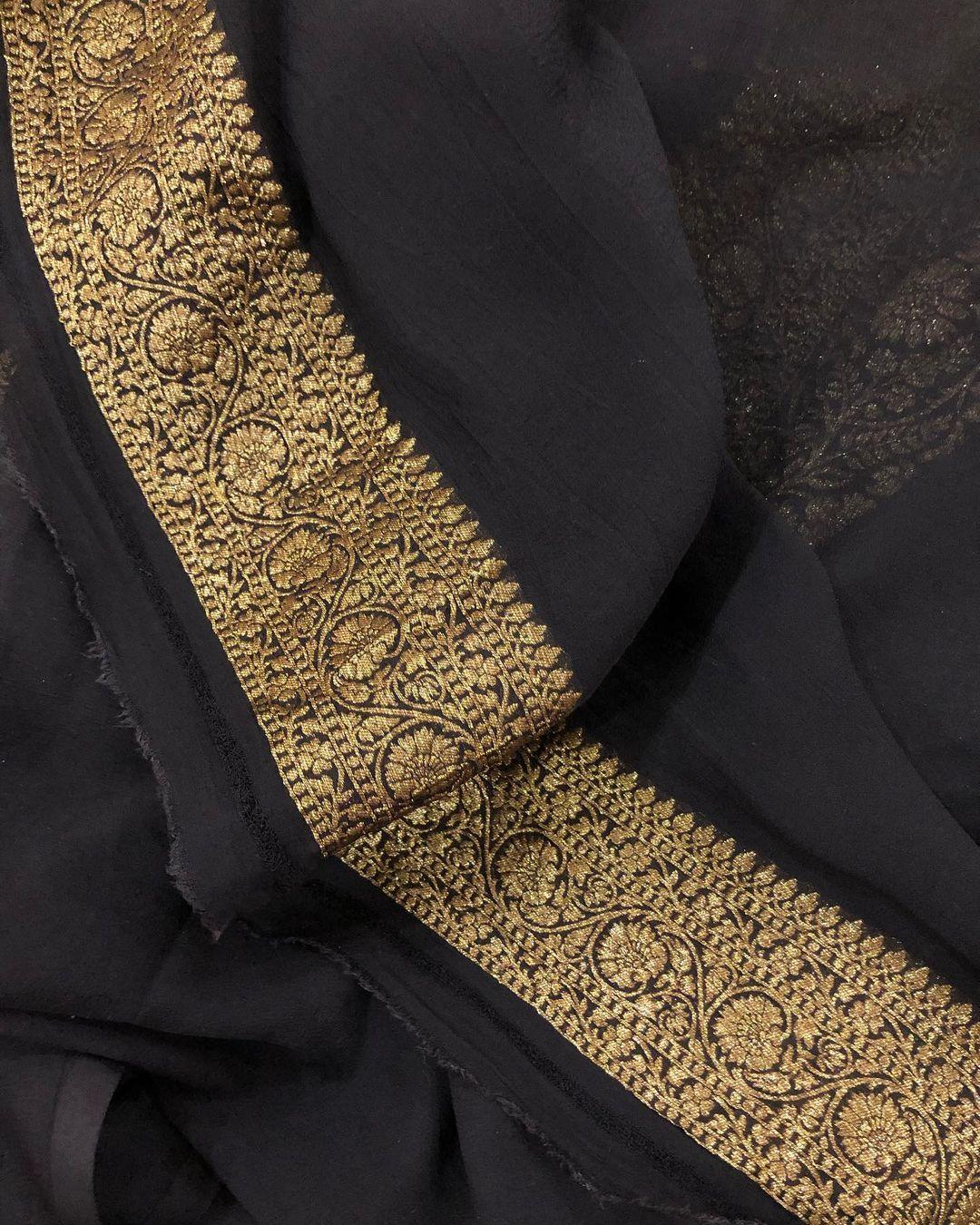 Black Banarasi Handloom Pure Khaddi Georgette Silk Saree - Aura Benaras