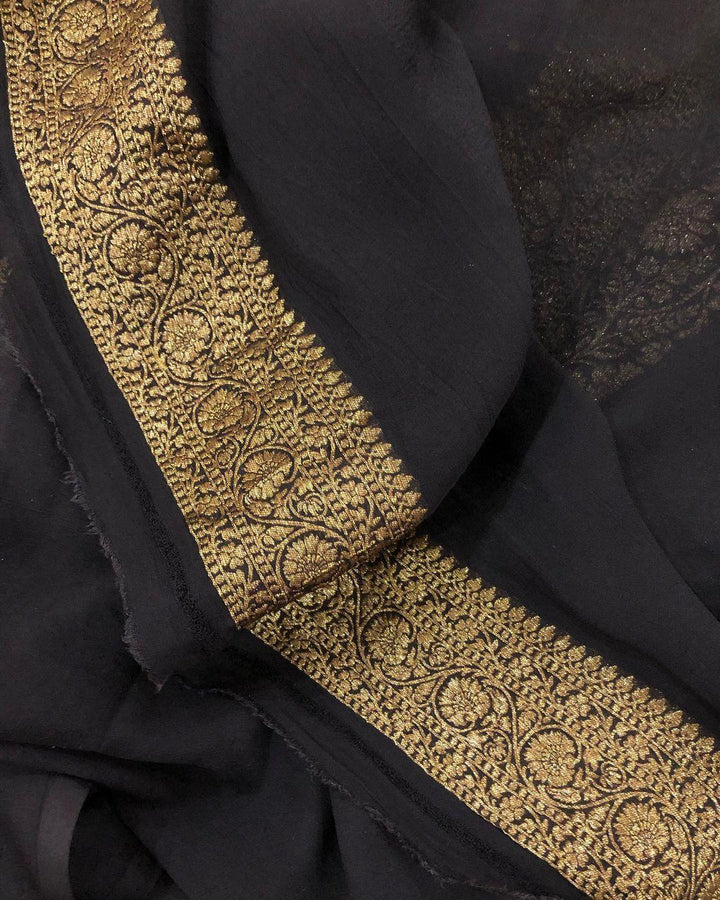 Black Banarasi Handloom Pure Khaddi Georgette Silk Saree - Aura Benaras