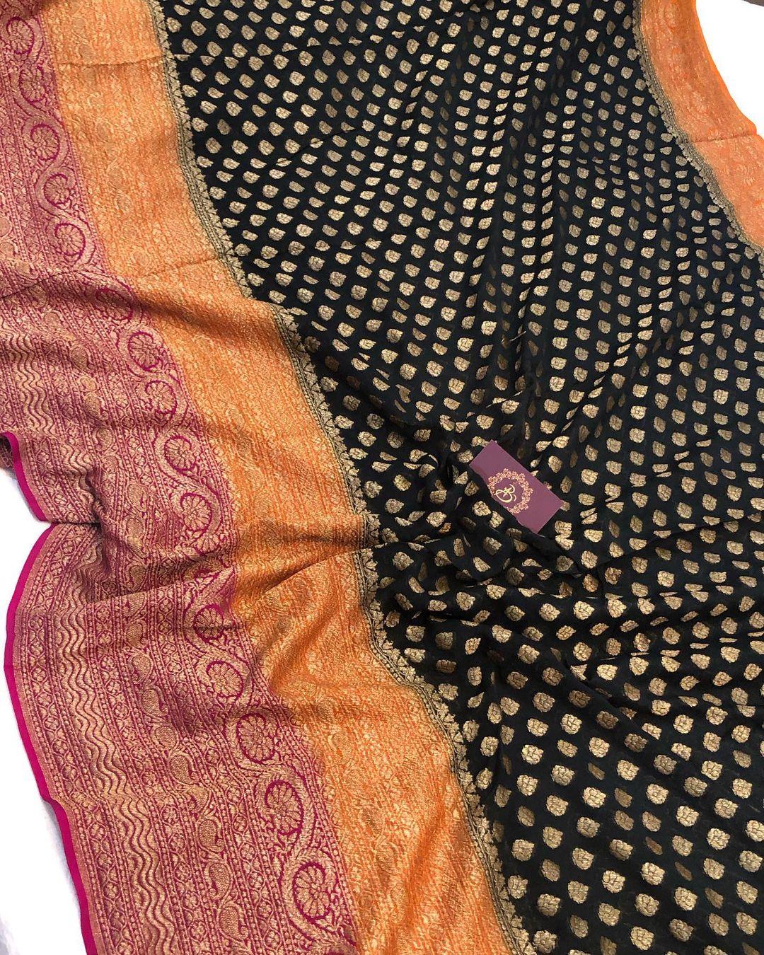 Royal Blue Banarasi Handloom Pure Khaddi Georgette Silk Saree - Aura Benaras