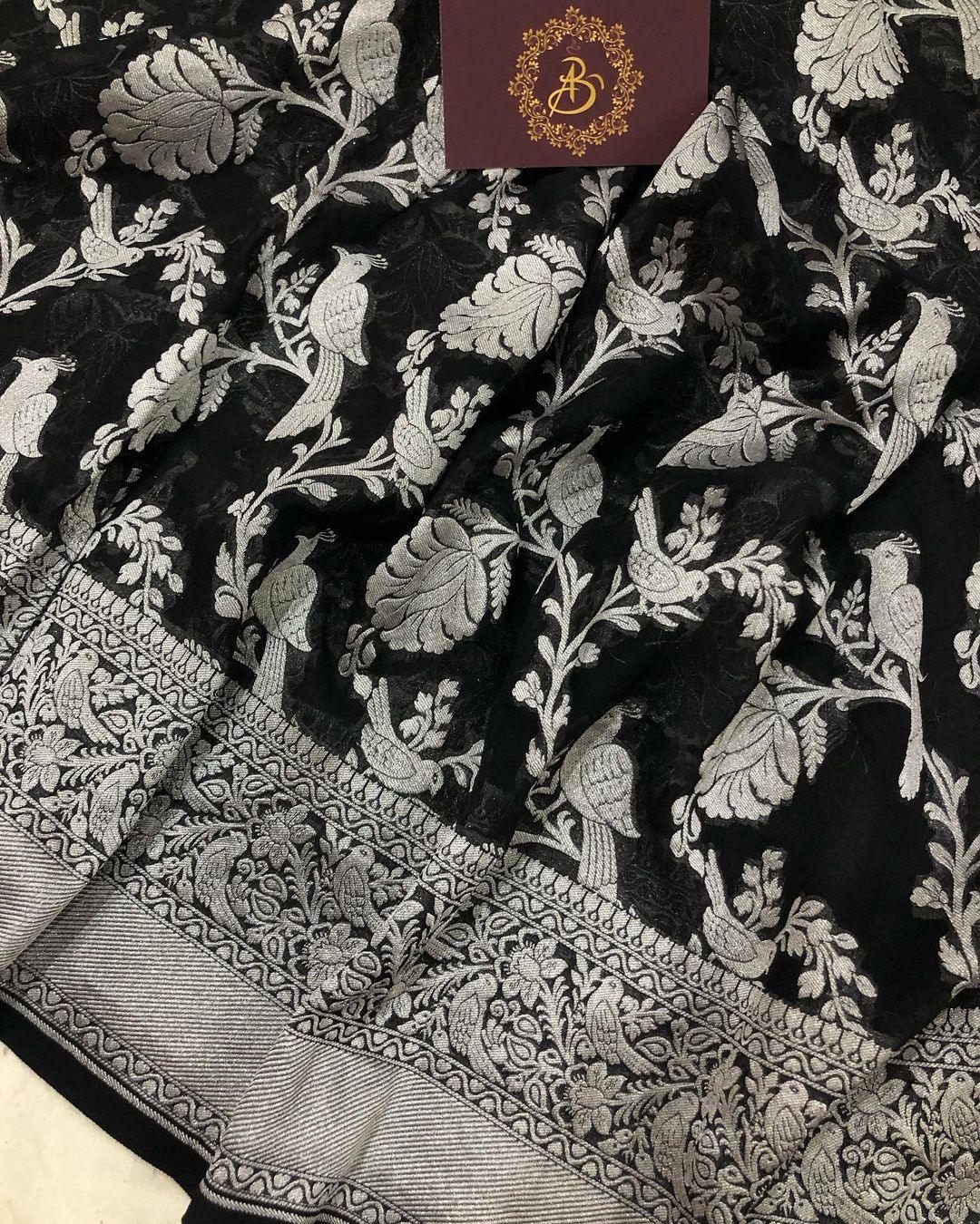 Black Banarasi Handloom Pure Georgette Silk Saree - Aura Benaras