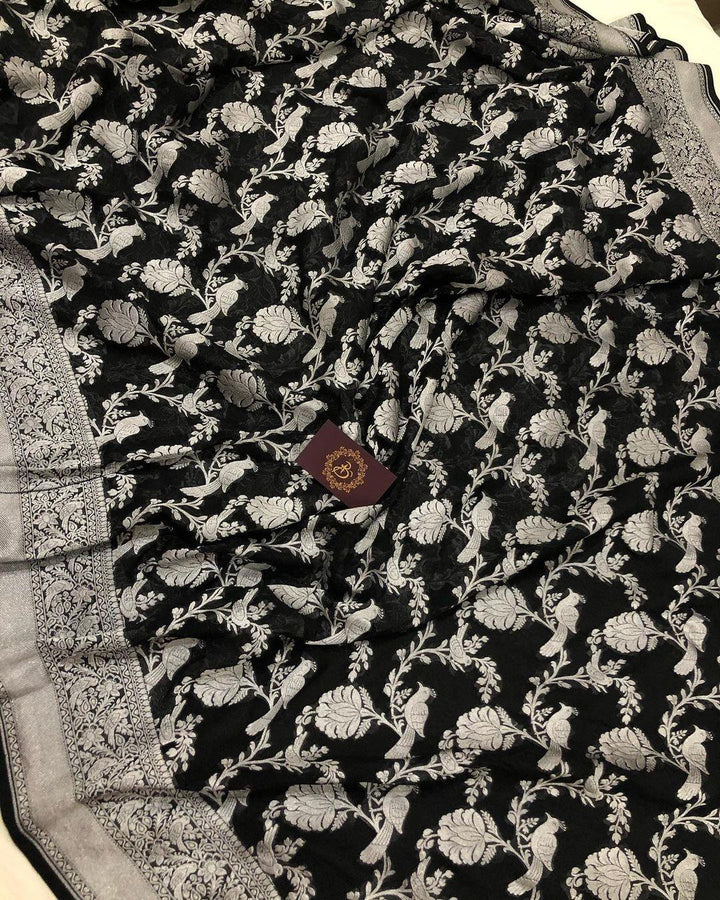 Black Banarasi Handloom Pure Georgette Silk Saree - Aura Benaras