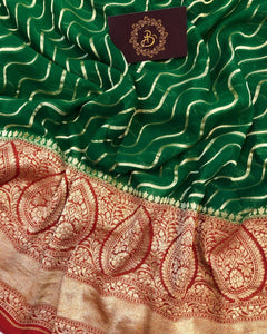 Deep Green Banarasi Handloom Pure Khaddi Georgette Silk Saree - Aura Benaras