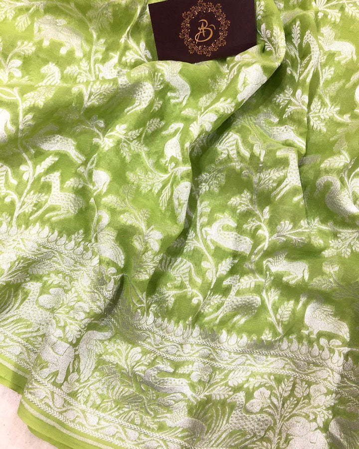 Pista green Khaddi Chiffon Georgette Banarasi Handloom Saree