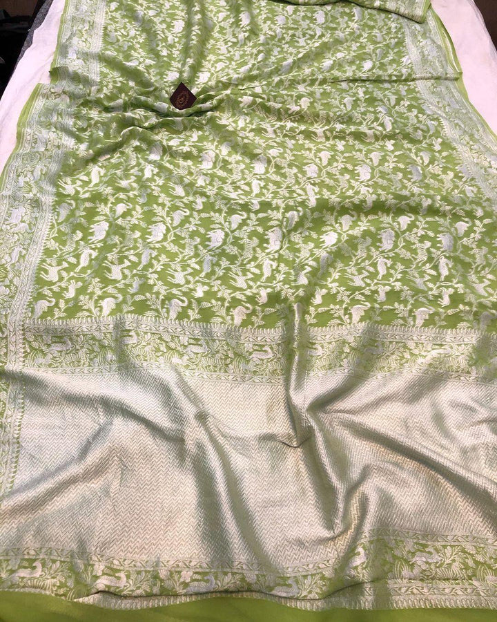 Pista green Khaddi Chiffon Georgette Banarasi Handloom Saree