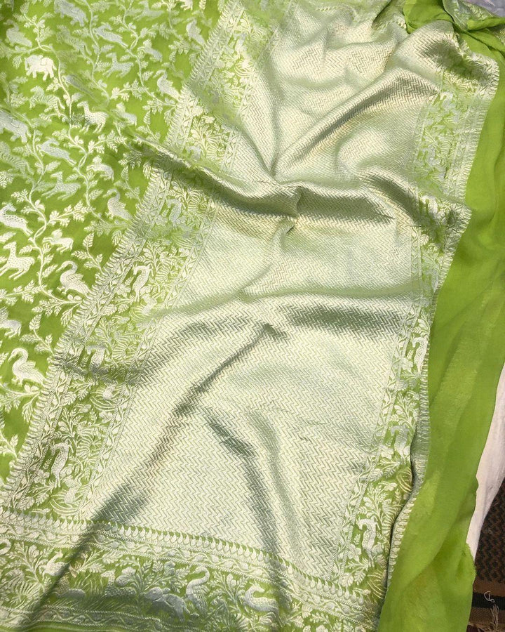 Pista green Khaddi Chiffon Georgette Banarasi Handloom Saree