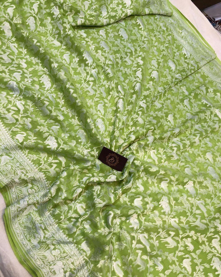 Pista green Khaddi Chiffon Georgette Banarasi Handloom Saree