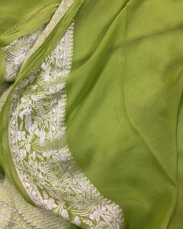 Pista green Khaddi Chiffon Georgette Banarasi Handloom Saree