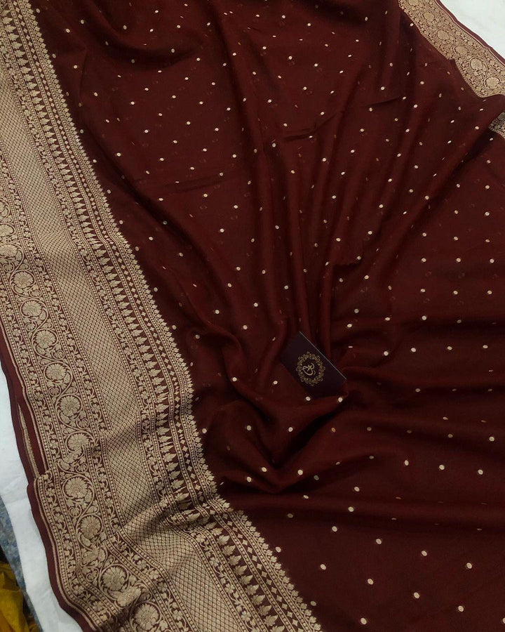 Brown Banarasi Handloom Pure Khaddi Georgette Silk Saree - Aura Benaras