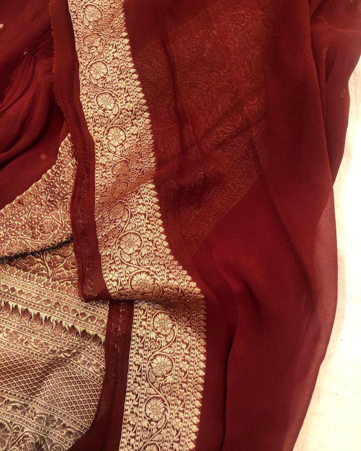 Brown Banarasi Handloom Pure Khaddi Georgette Silk Saree - Aura Benaras