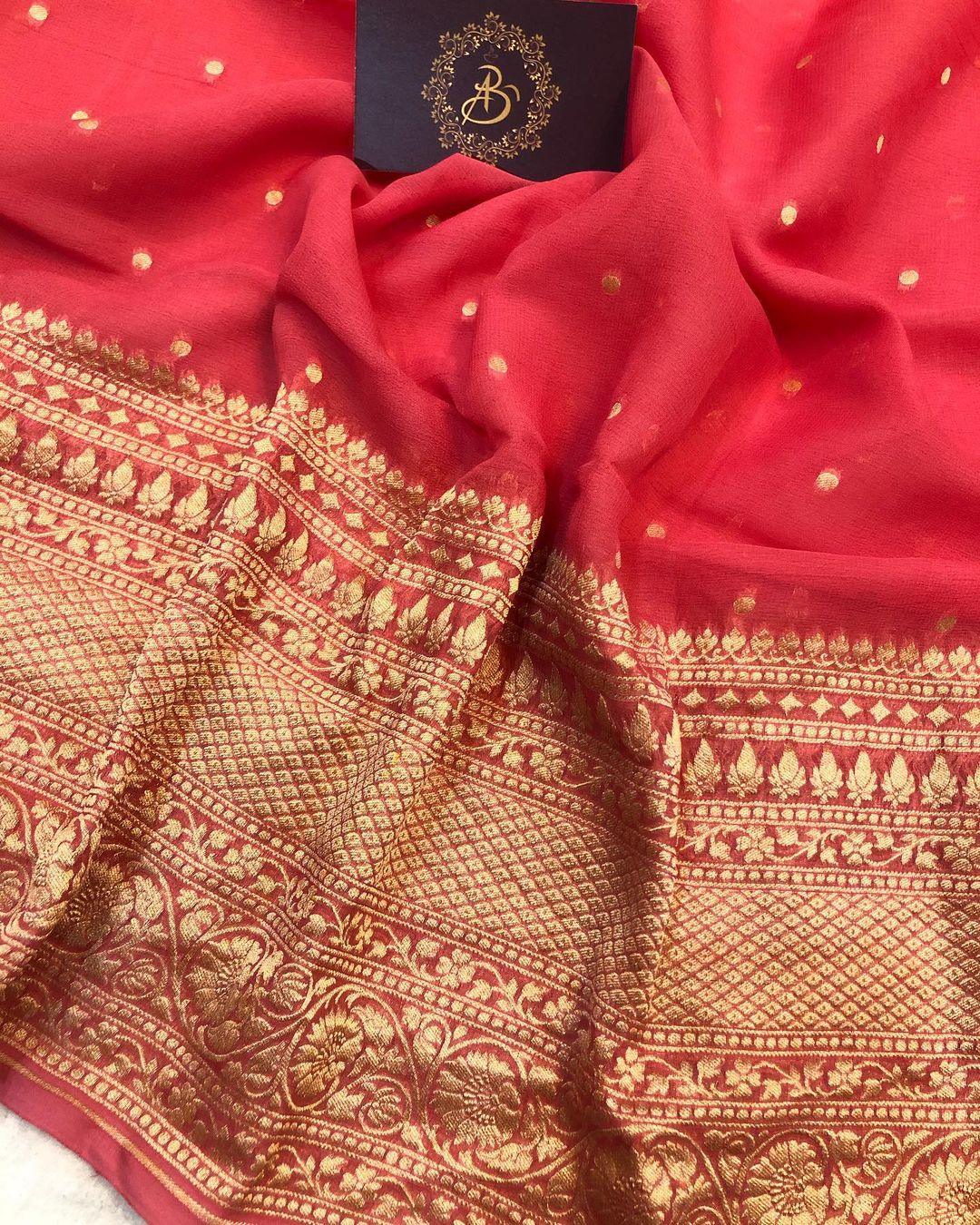 Strawberry Pink Banarasi Handloom Pure Khaddi Georgette Silk Saree - Aura Benaras