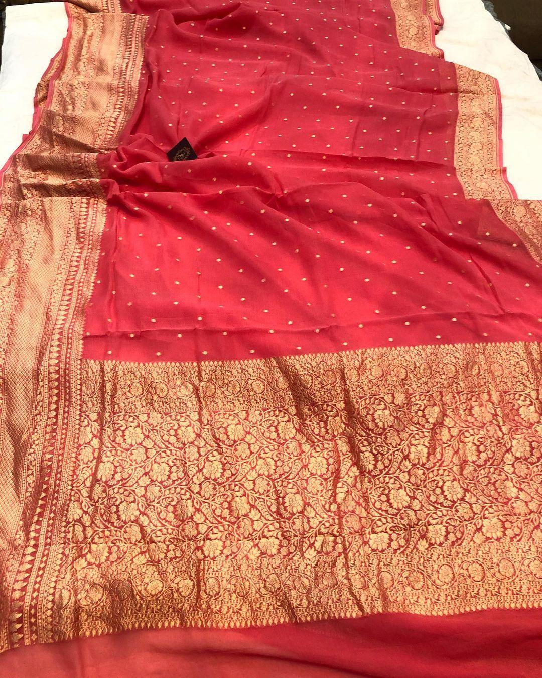 Strawberry Pink Banarasi Handloom Pure Khaddi Georgette Silk Saree - Aura Benaras