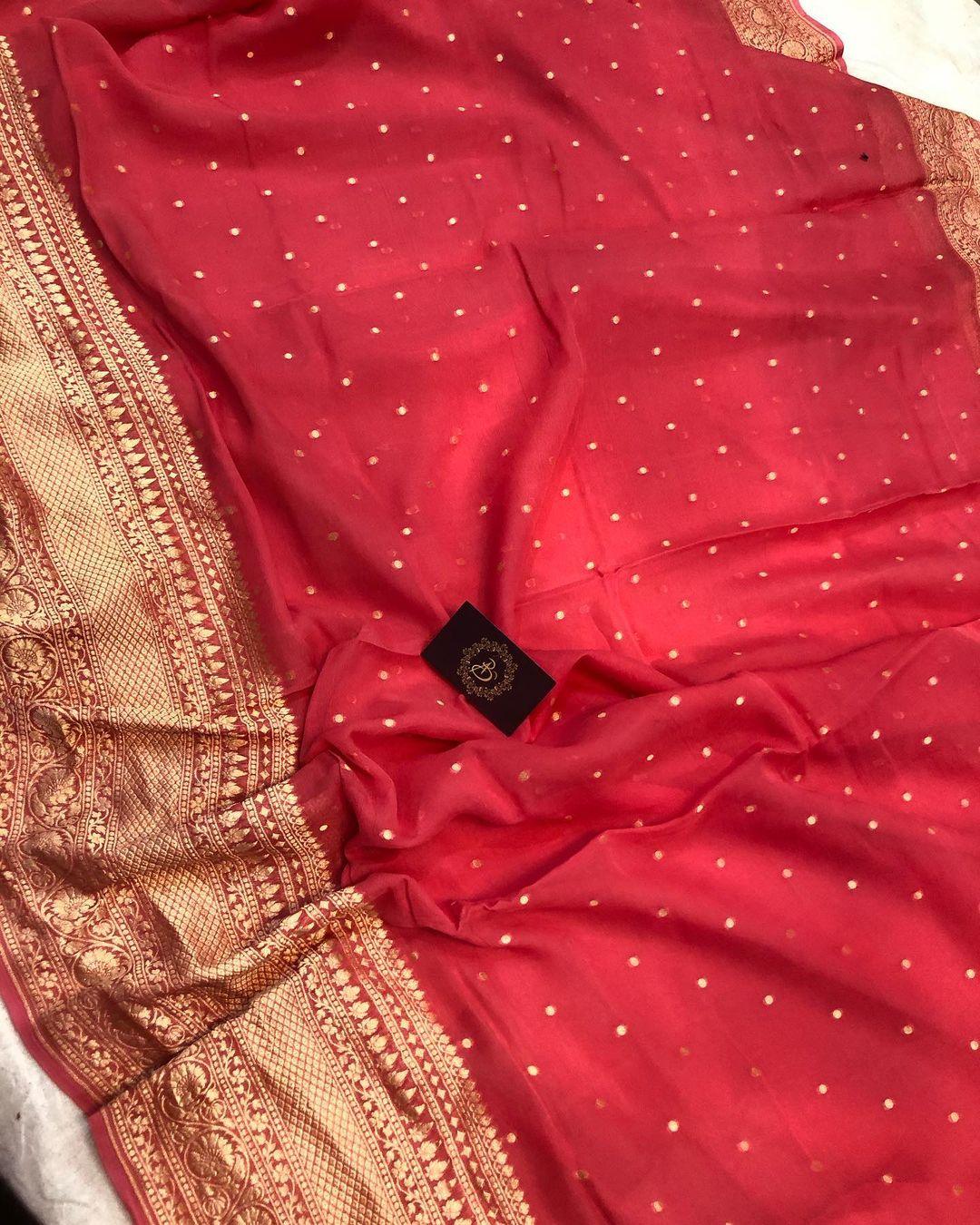 Strawberry Pink Banarasi Handloom Pure Khaddi Georgette Silk Saree - Aura Benaras